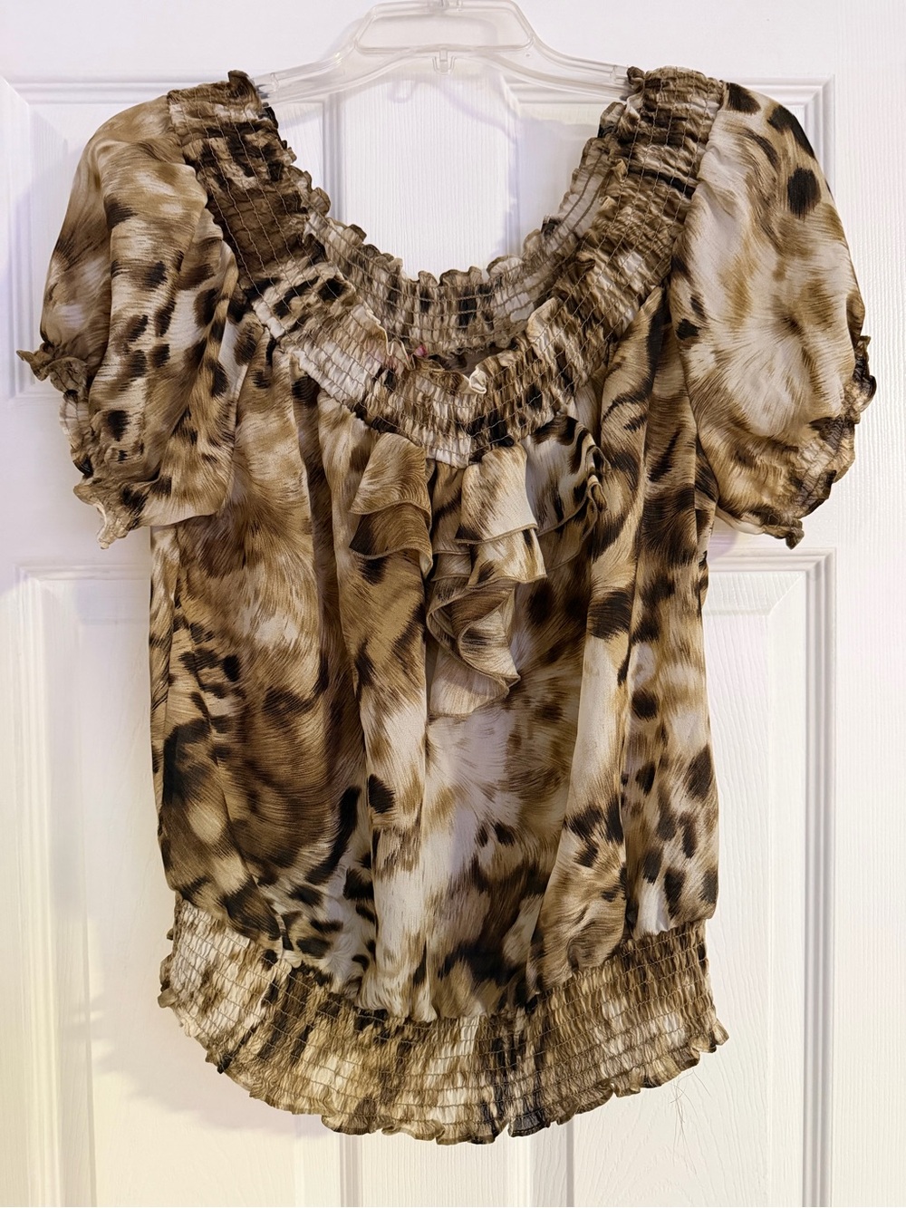 Sunny Leigh Brown Animal-Print Ruffle Smocked Blouse Size L